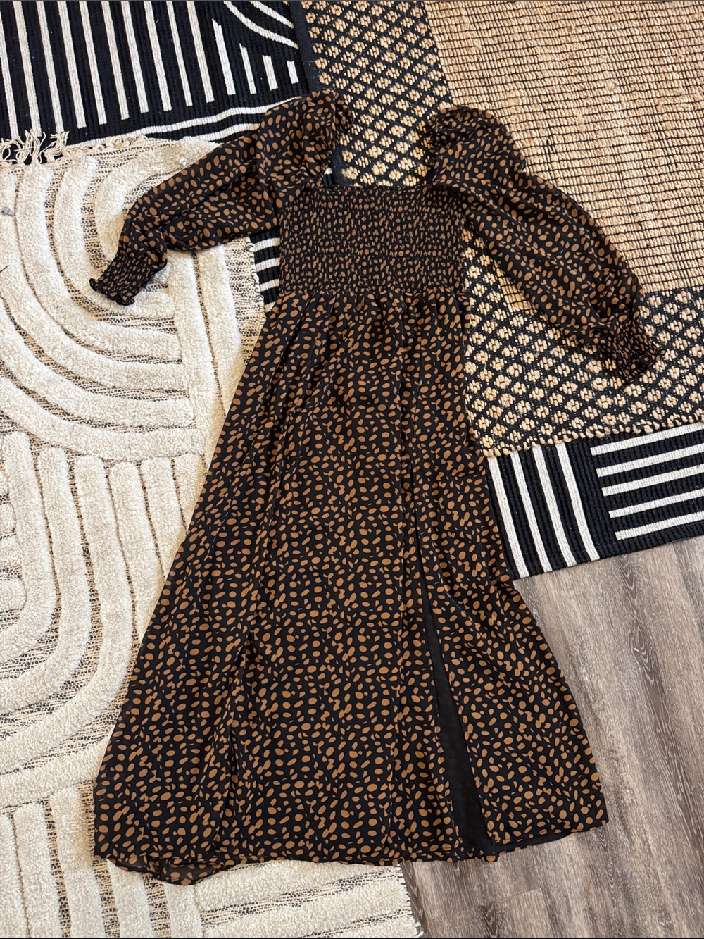 Black & Brown Smocked Puff-Sleeve Maxi Dress